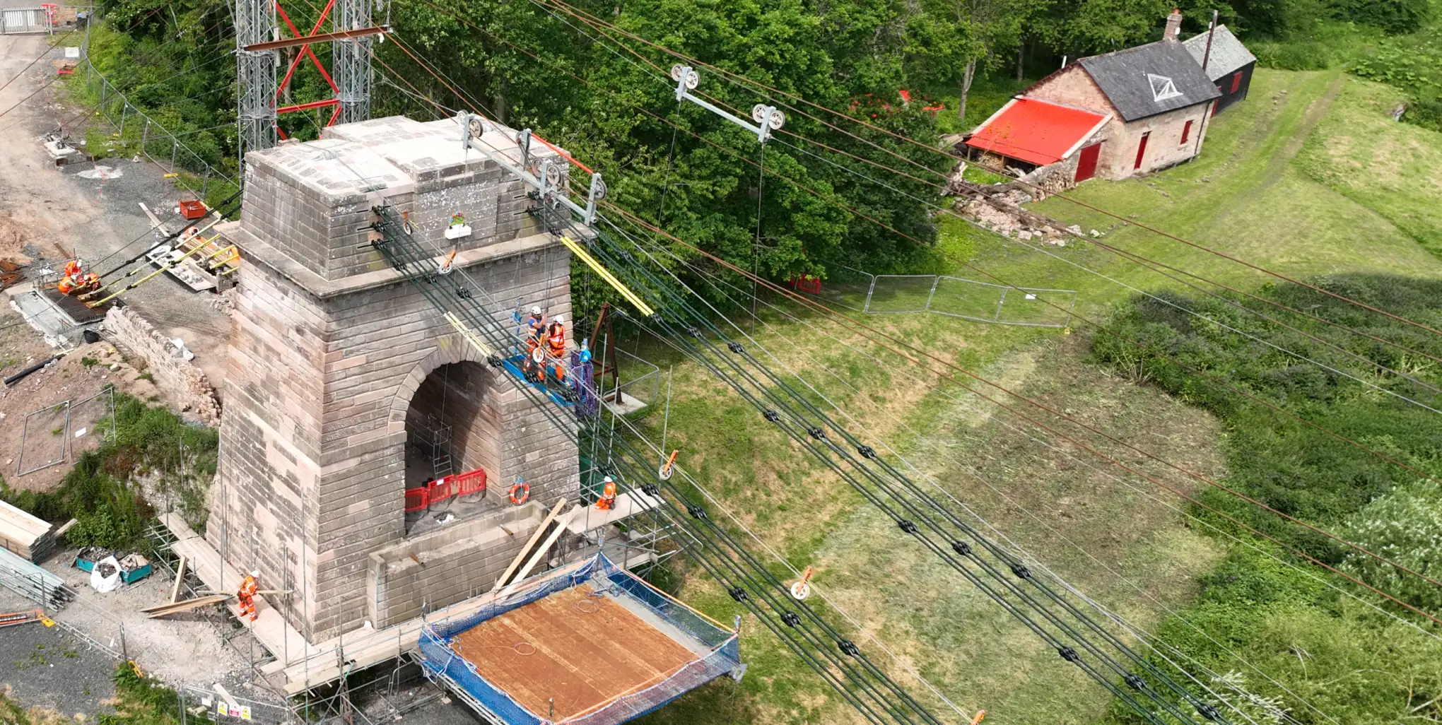Drone shot of Spencer Bridge Engineers working on Union Chain bridge