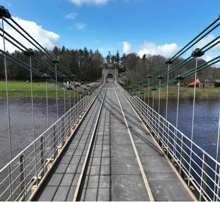 Union chain bridge, drone shot from one end of the bridge