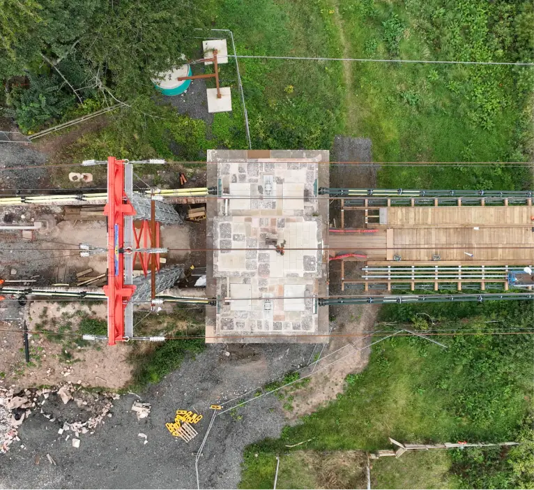Birds eye shot of one of the concrete ends of the Union Chain Bridge