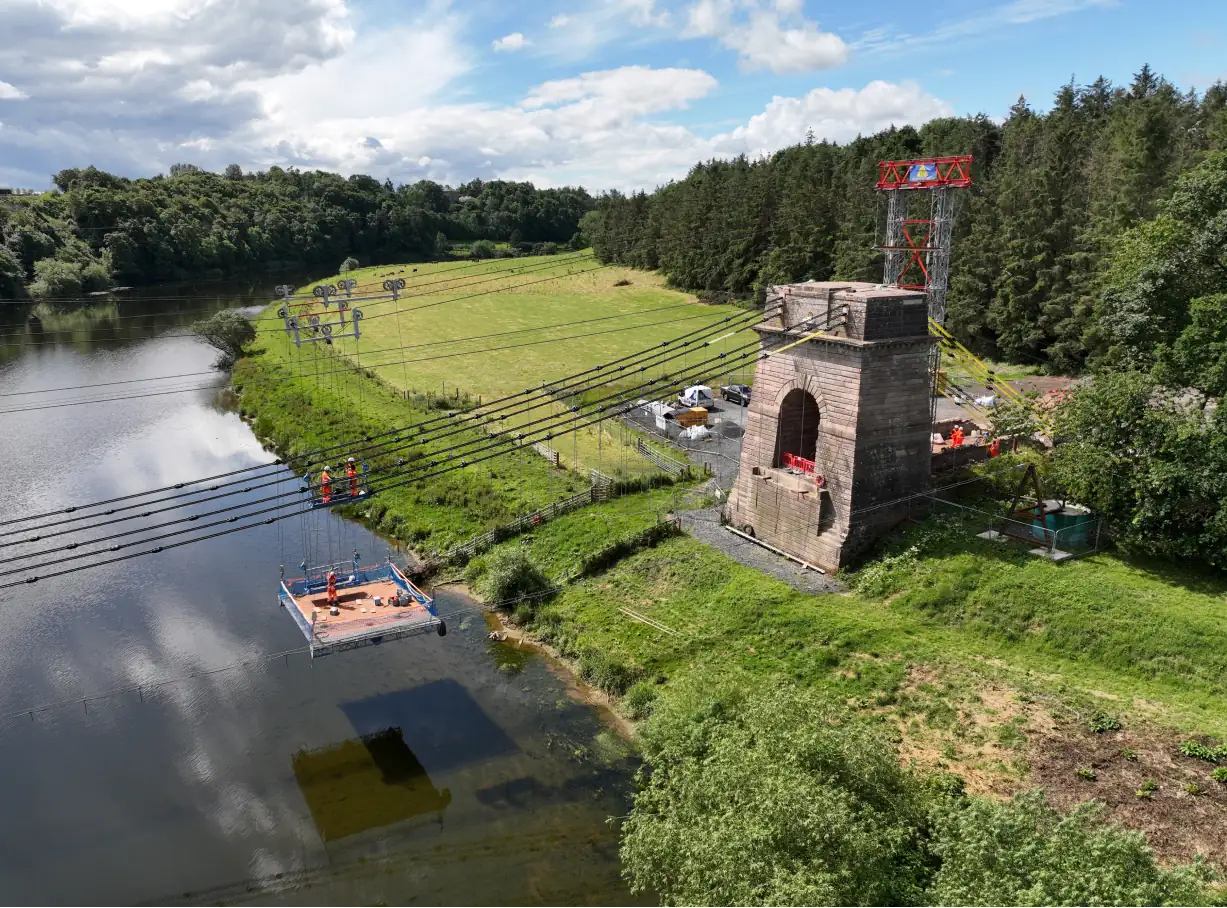 Drone shot of Spencer Bridge Engineers working on Union Chain bridge